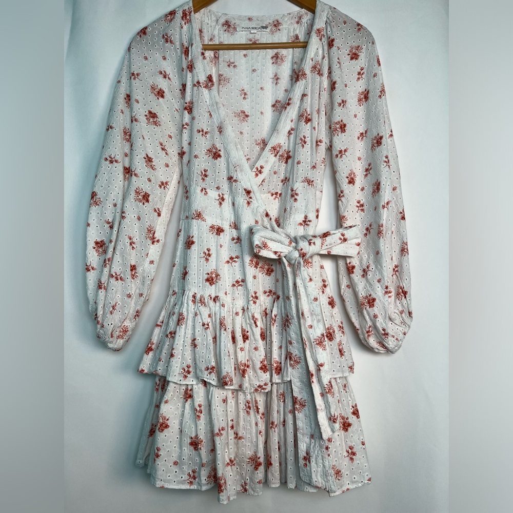 Maia Bergman Ines Ruffled Floral Eyelet Mini Wrap Dress White /Pink Size XL - Picture 2 of 10